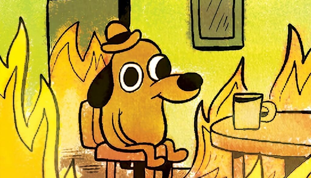 Cartoon dog comfortable in flames.