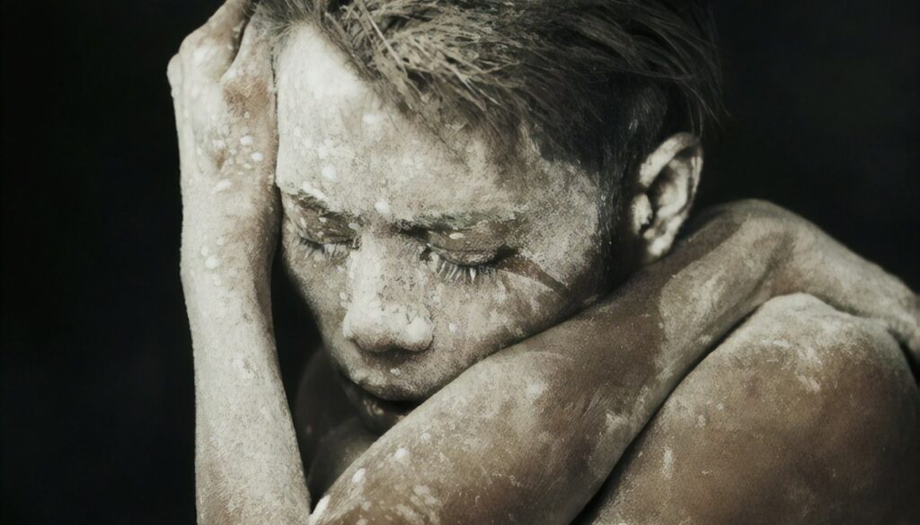 Man wrapping arms around self, with powder on face.