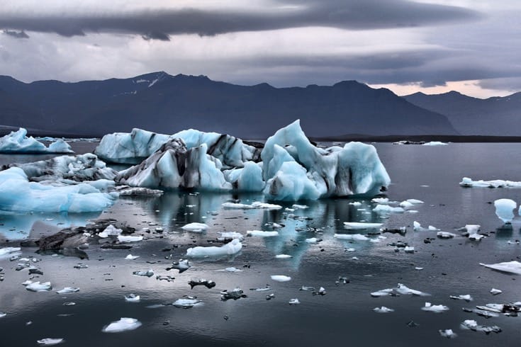 Icebergs breaking up in the water near iceland. Buddhists, Climate Change.