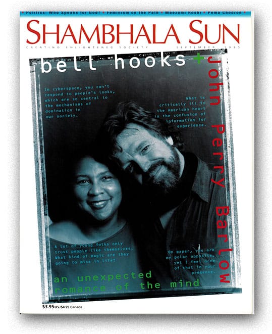 John Perry Barlow and bell hooks on the cover of Shambhala Sun magazine.