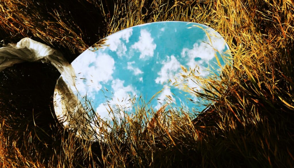 Mirror in tall grass reflecting the sky.