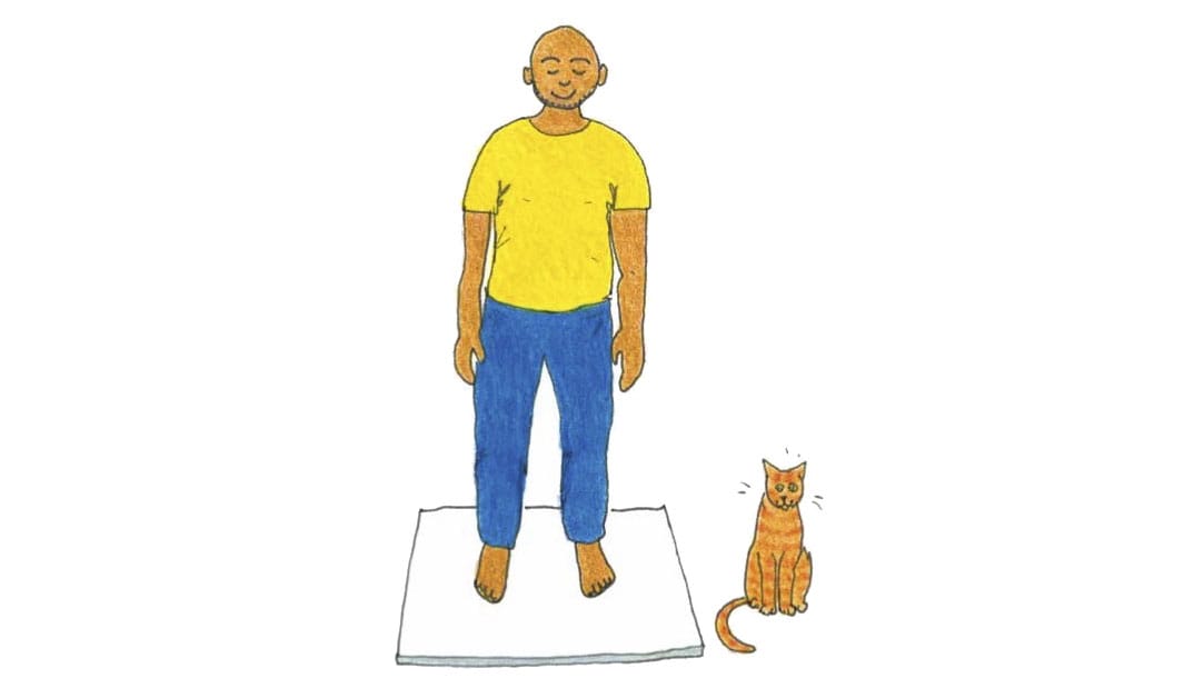 Man standing on cushion.