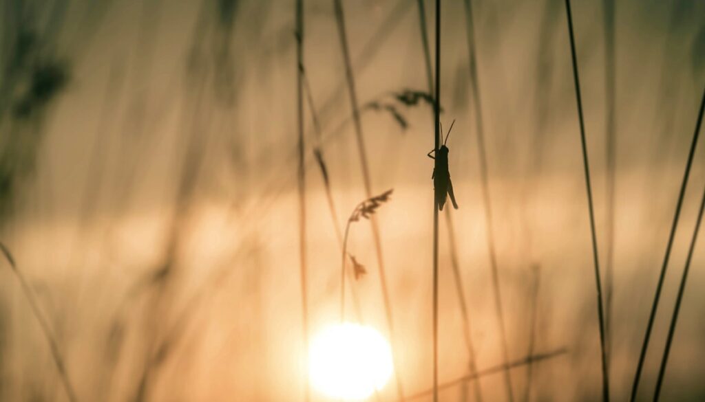 Grasshopper on a stalk of grass at sunet.