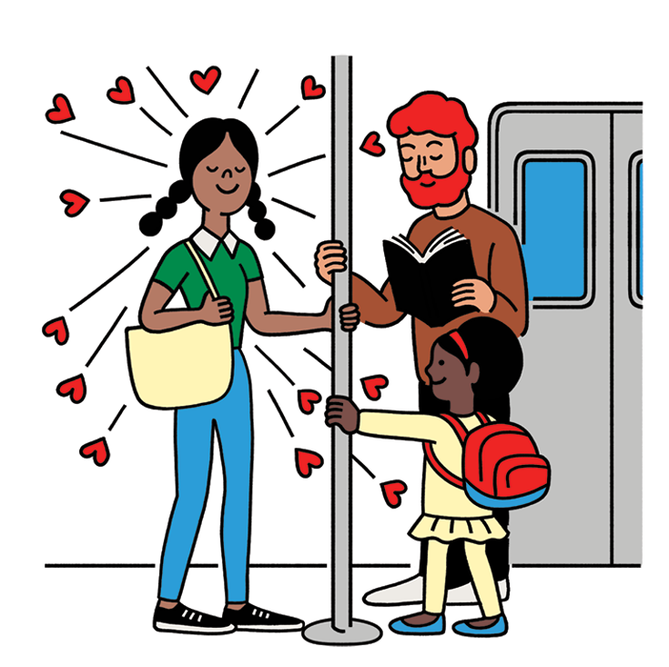 Cartoon of a woman smiling as she holds a pole on the subway. A man and young child also hold the pole. 