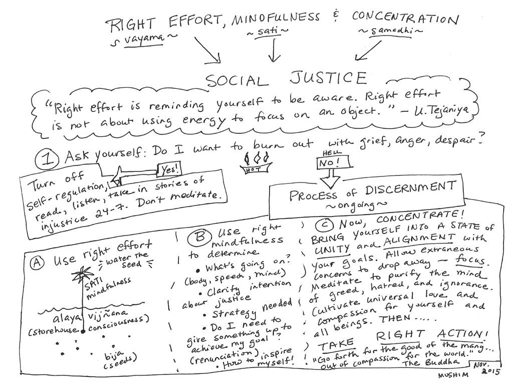 Infographic by Mushim Patricia Ikeda from a class titled "Right Mindfulness, Concentration, Effort, and Social Justice.: